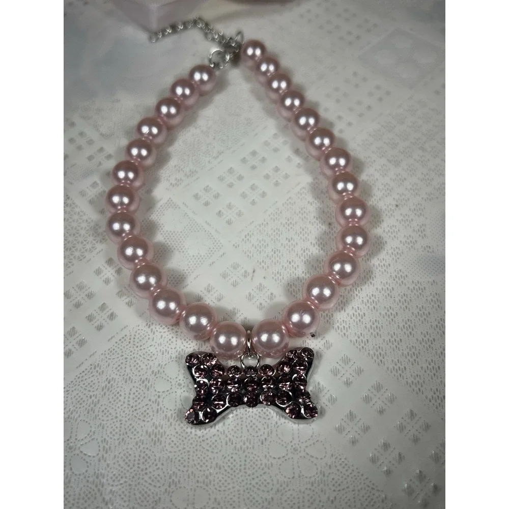 Fancy Pearls Crystal Dog Necklace Jewelry With Rhinestones‎ Big Charm Sz SMALL